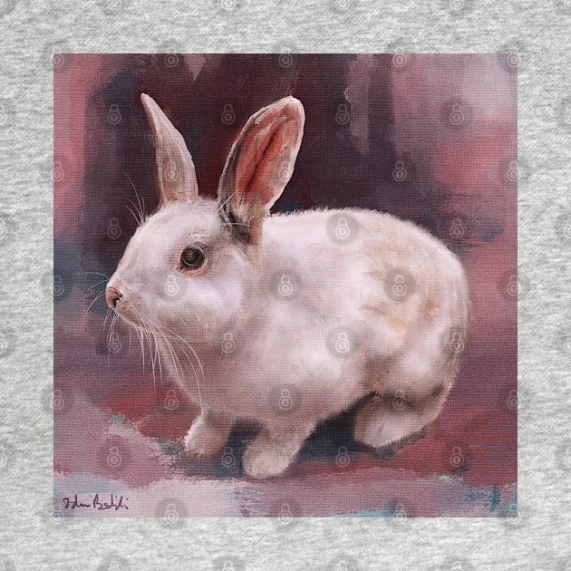 Painting of a Cute Fluffy White Rabbit on a Pink Shaded Background by ibadishi